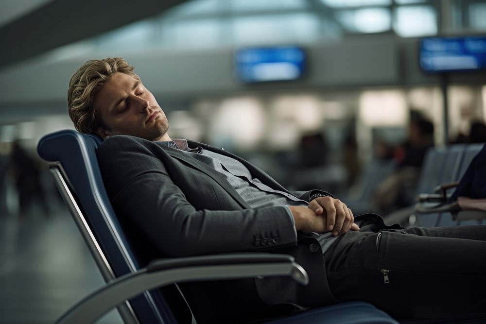 Man sleeping in an airport infrastructure contemplation electronics.