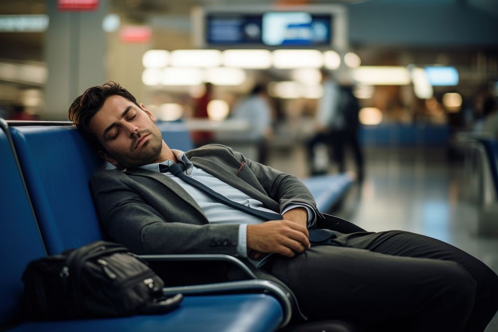Man sleeping in an airport furniture sitting adult.