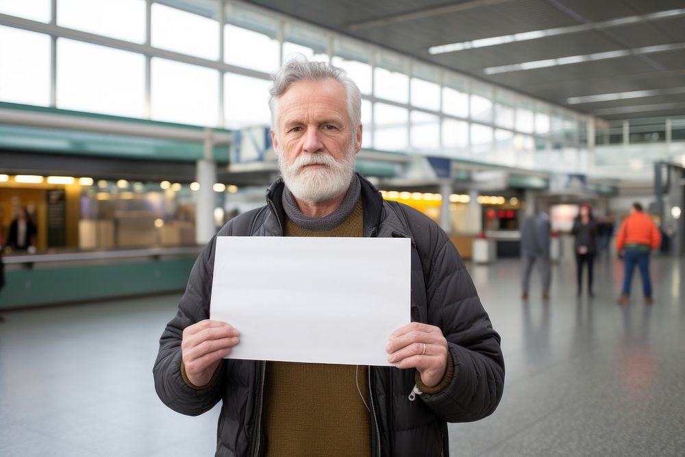 Mature man holding sign in airport adult architecture standing.
