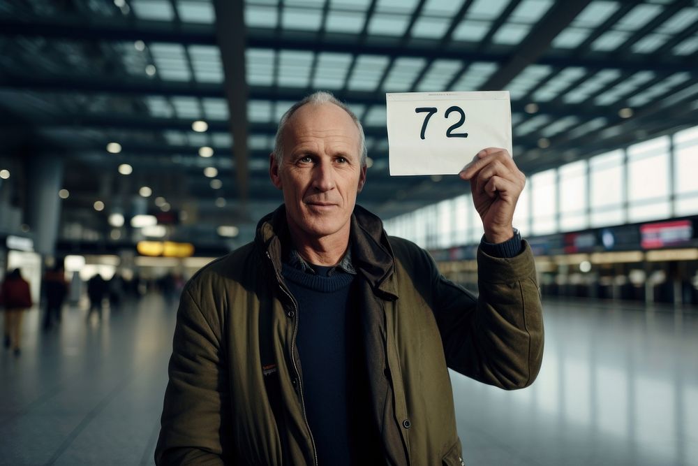 Mature man holding sign in airport text adult infrastructure.