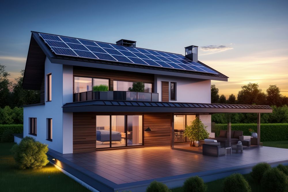Modern house with solar panels architecture building outdoors.