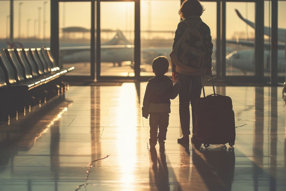 Mother with young son and luggage at airport walking adult child.
