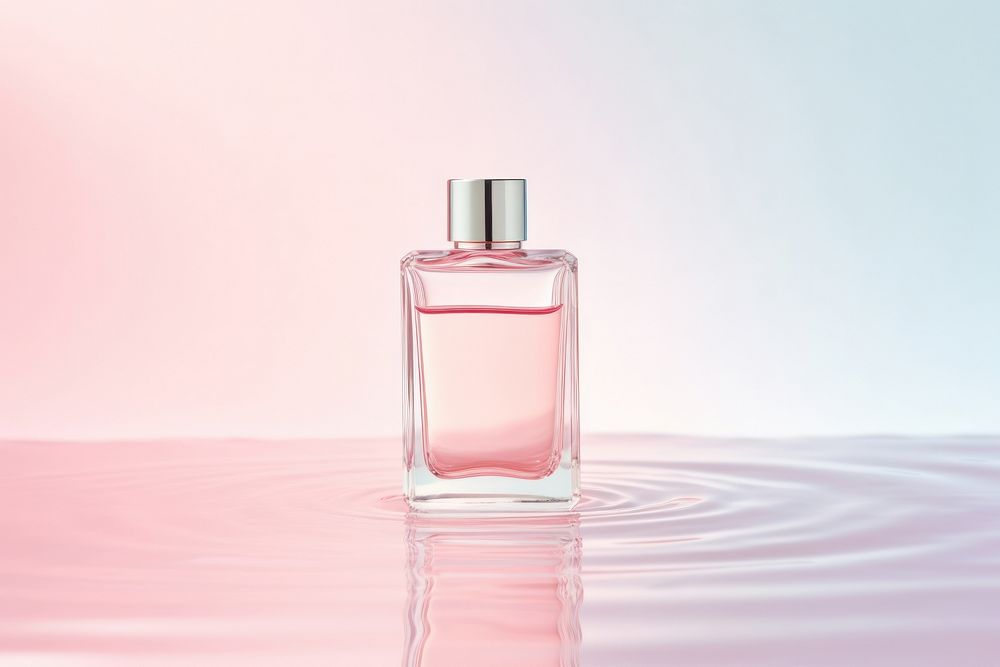 Perfume bottle on pink water pattern cosmetics container magenta.