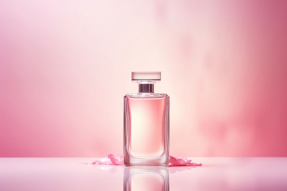 Perfume bottle on pink water pattern cosmetics container lighting.