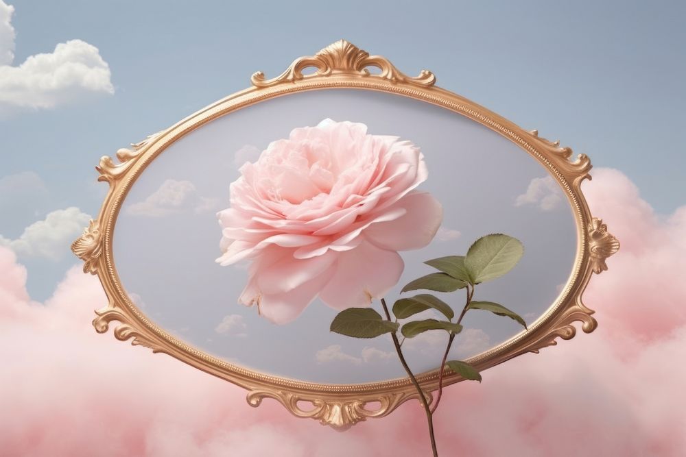 Pink rose with golden oval frame flower plant cloud.