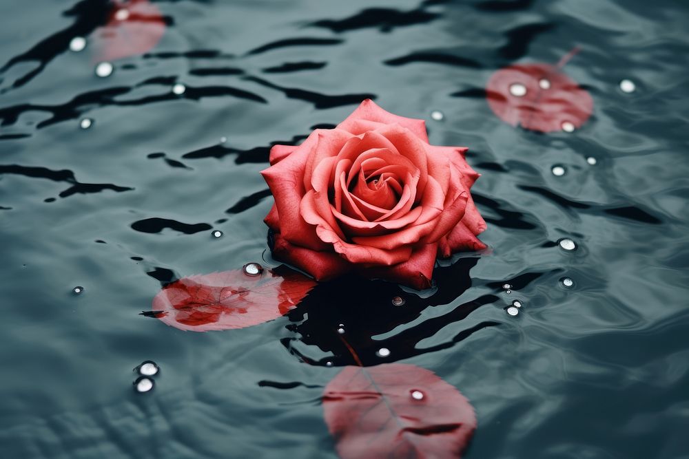 Red rose on water pattern flower petal plant.
