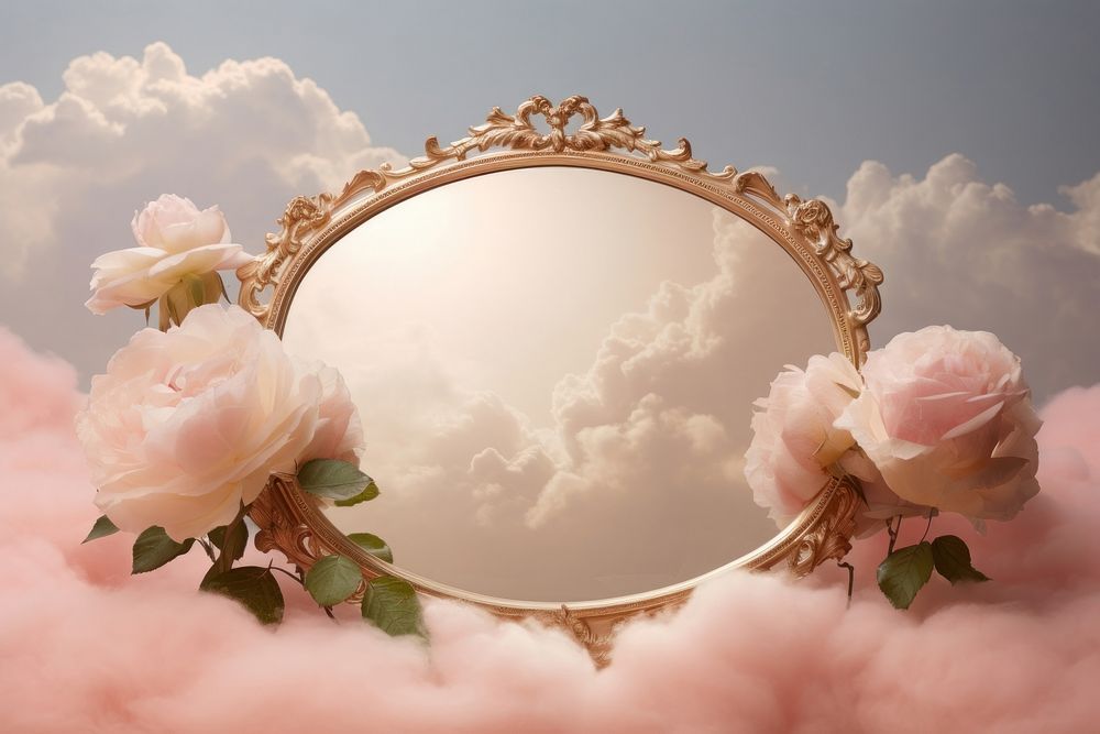 Rose leave with golden oval frame mirror flower cloud plant.