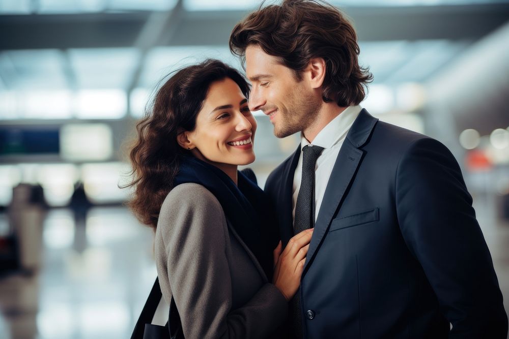 Smiling businesswoman embracing businessman at airport terminal smiling adult affectionate.