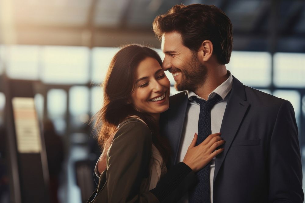 Smiling businesswoman embracing businessman at airport terminal smiling adult affectionate.