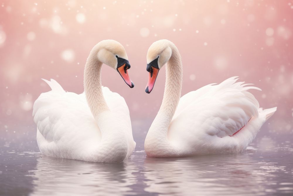 Swan couple on pink water pattern animal bird reflection.