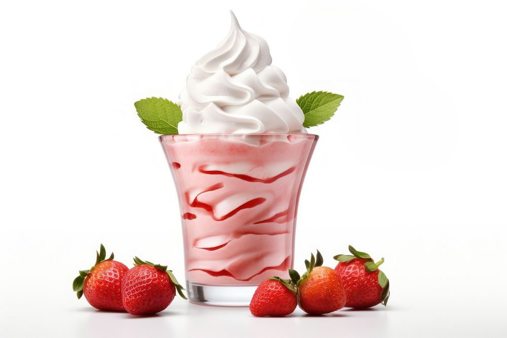 Strawberry whipped cream dessert glass food.