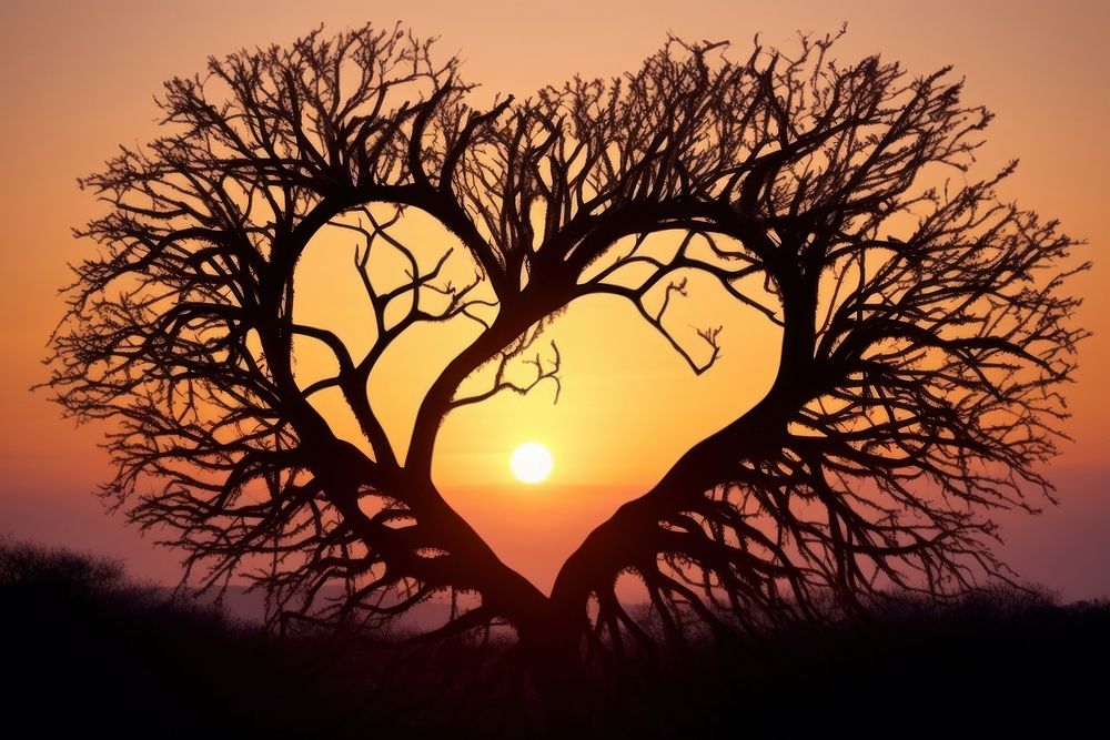 Heart-shaped tree silhouette formed sunset nature branch.