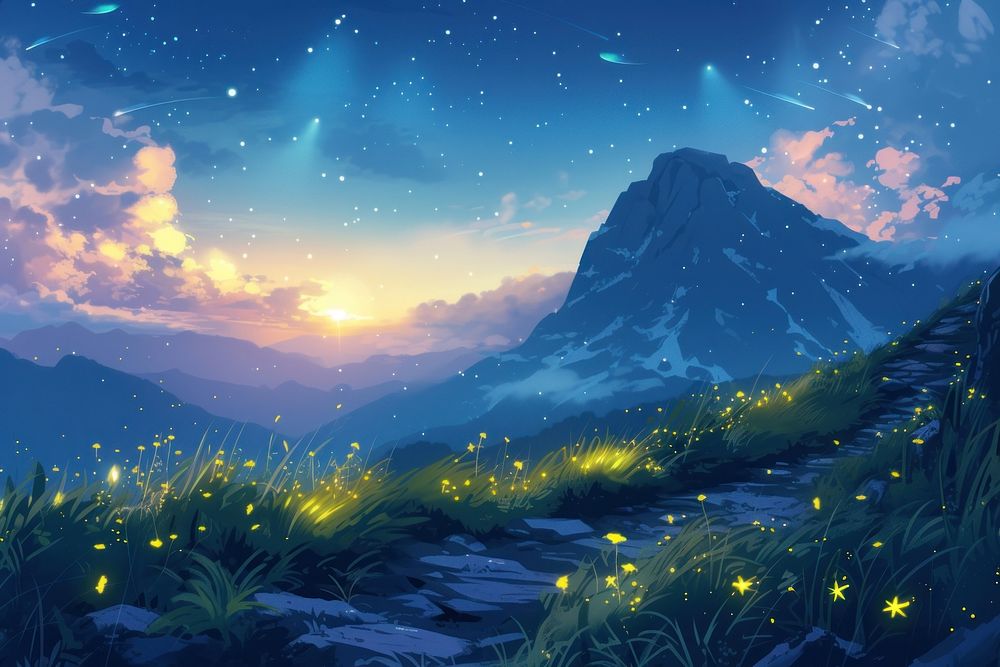 Illustration mountain landscape outdoors firefly.