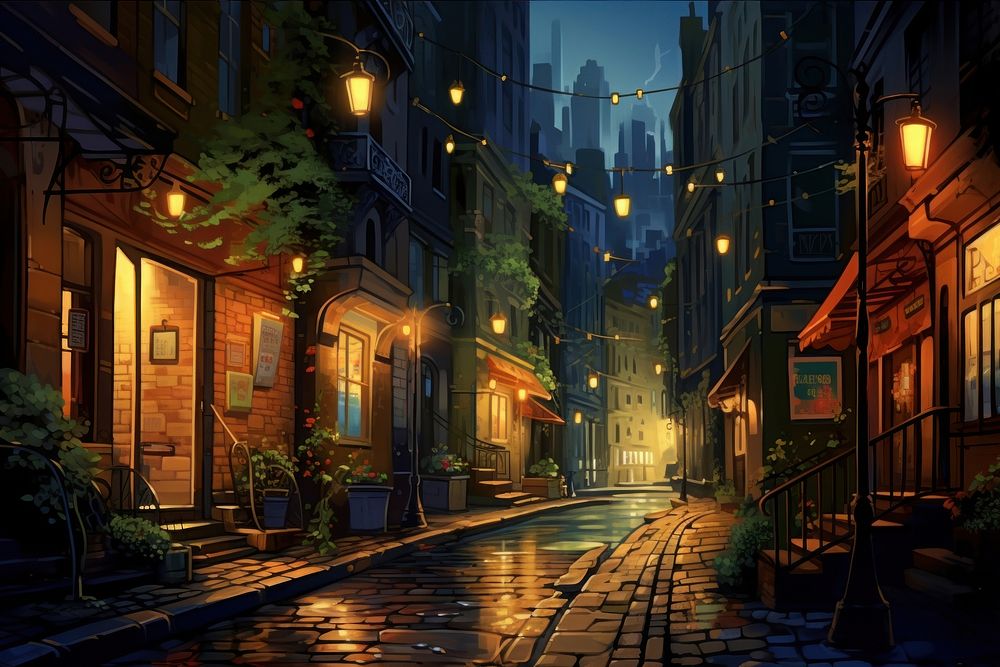 Illustration city street light alley.