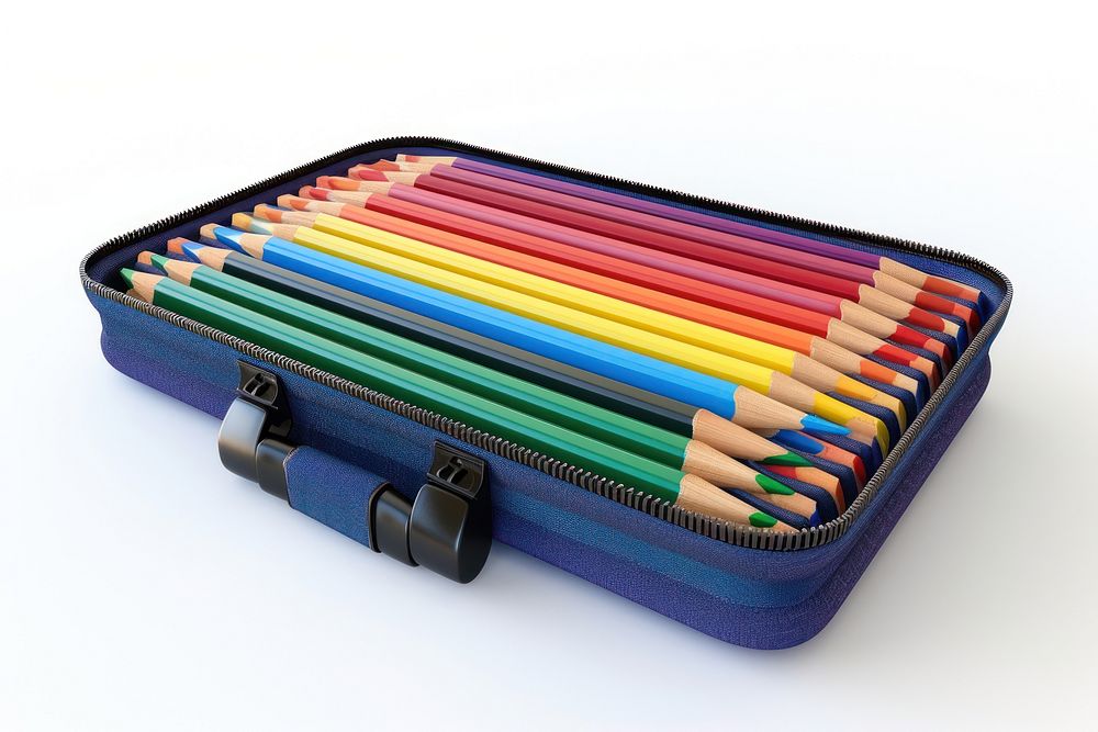 Colored pencil box white background arrangement variation.