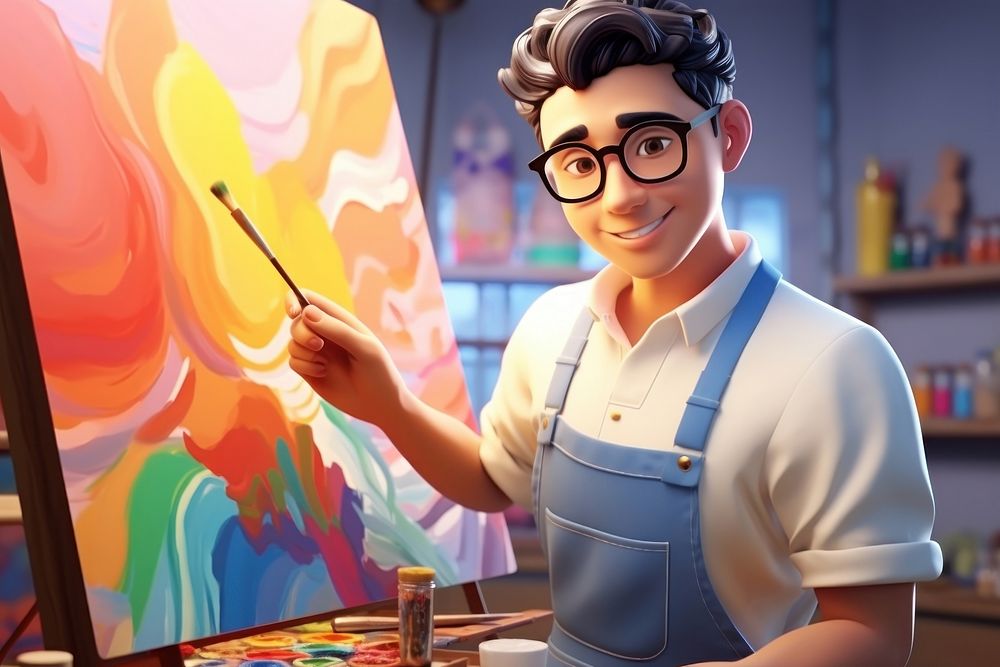 Teenage asian gay man painting glasses cartoon.