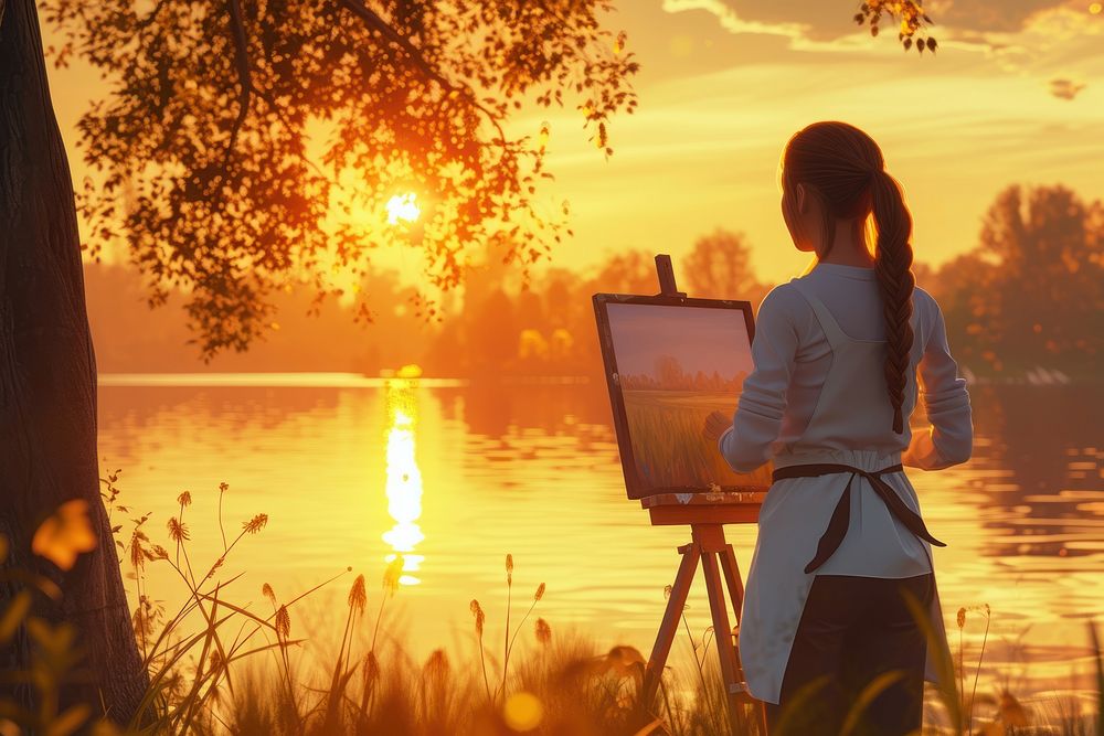 Teenage girl outdoors painting sunset.