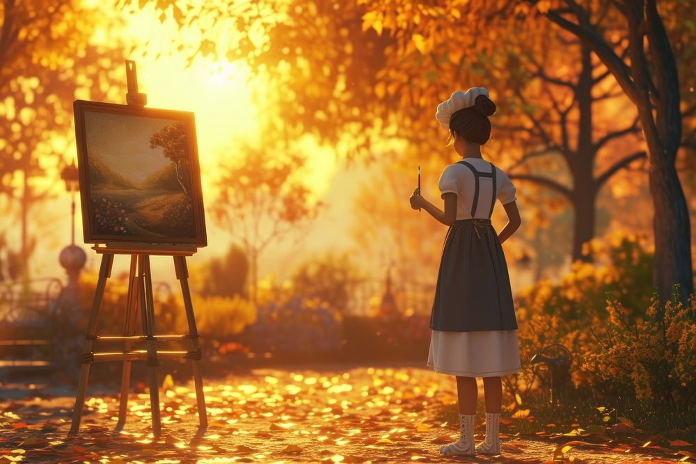 Teenage girl painting outdoors autumn.