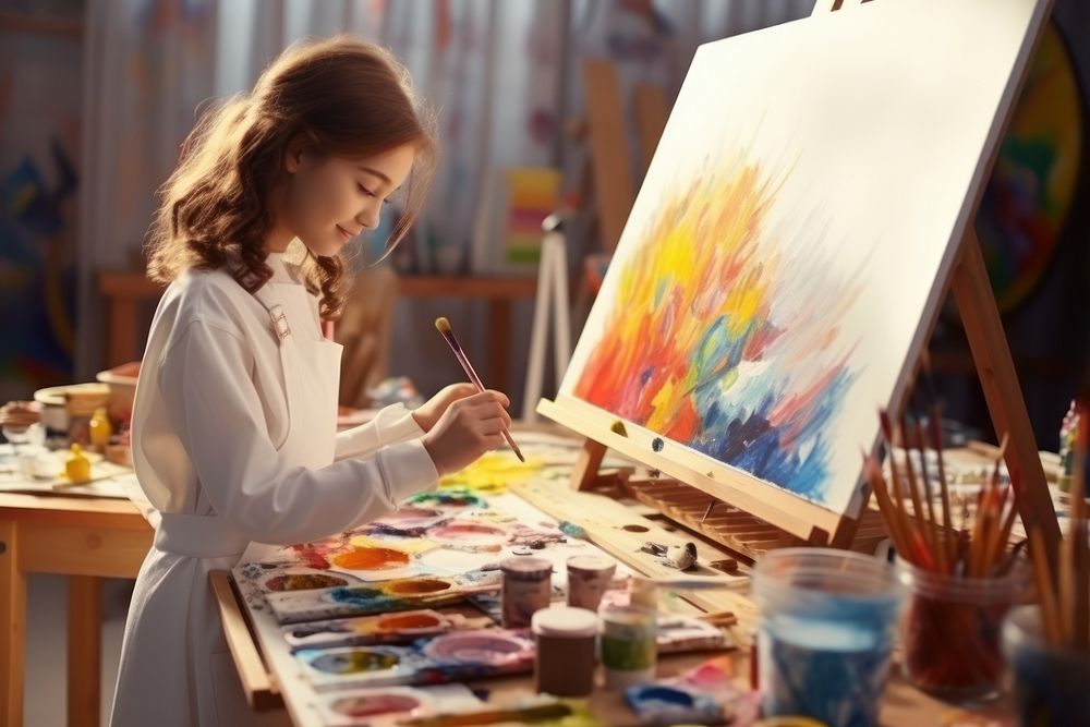 Teenage girl painting canvas art.