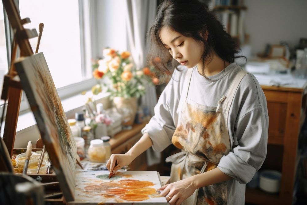 Dressed in apron painting adult art concentration.