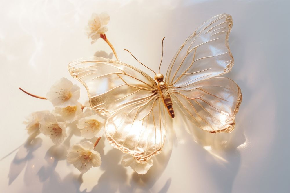Gold butterfly background holography sun light flower plant accessories.
