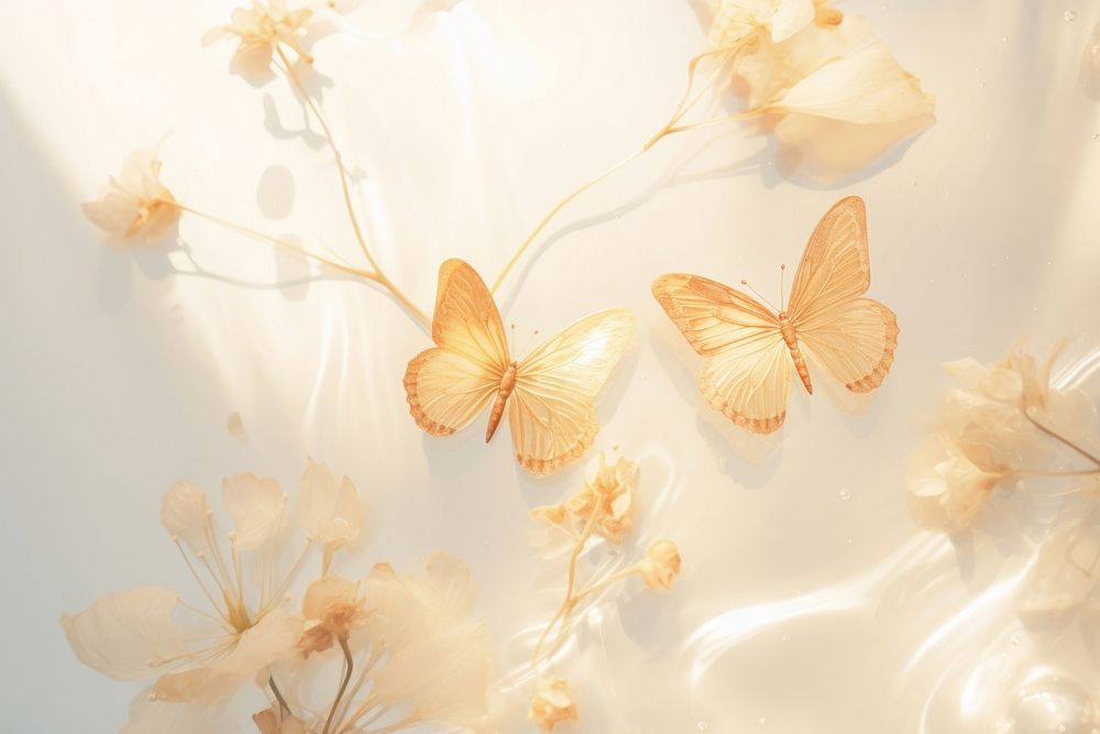 Gold butterfly background holography sun light flower pattern insect.