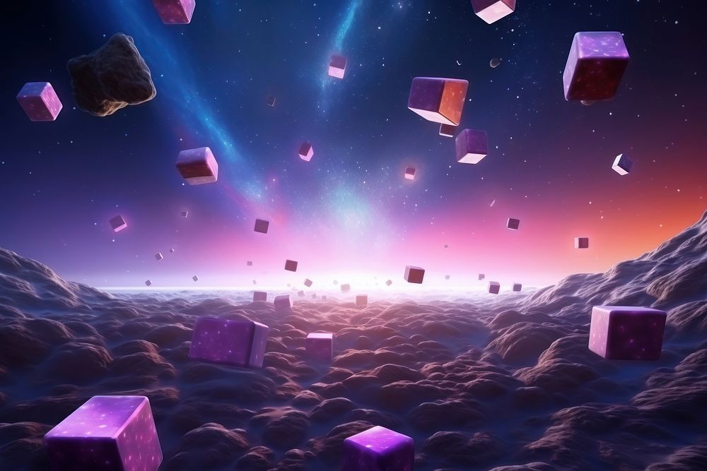 Virtual Reality space world in a block purple landscape nature.