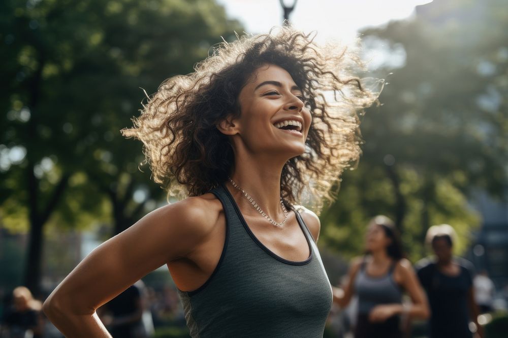 Woman stretching before exercise smile laughing adult.