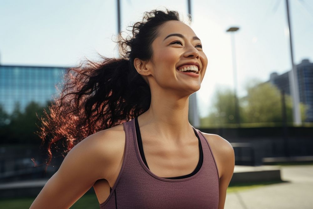 Woman stretching before exercise smile laughing adult.