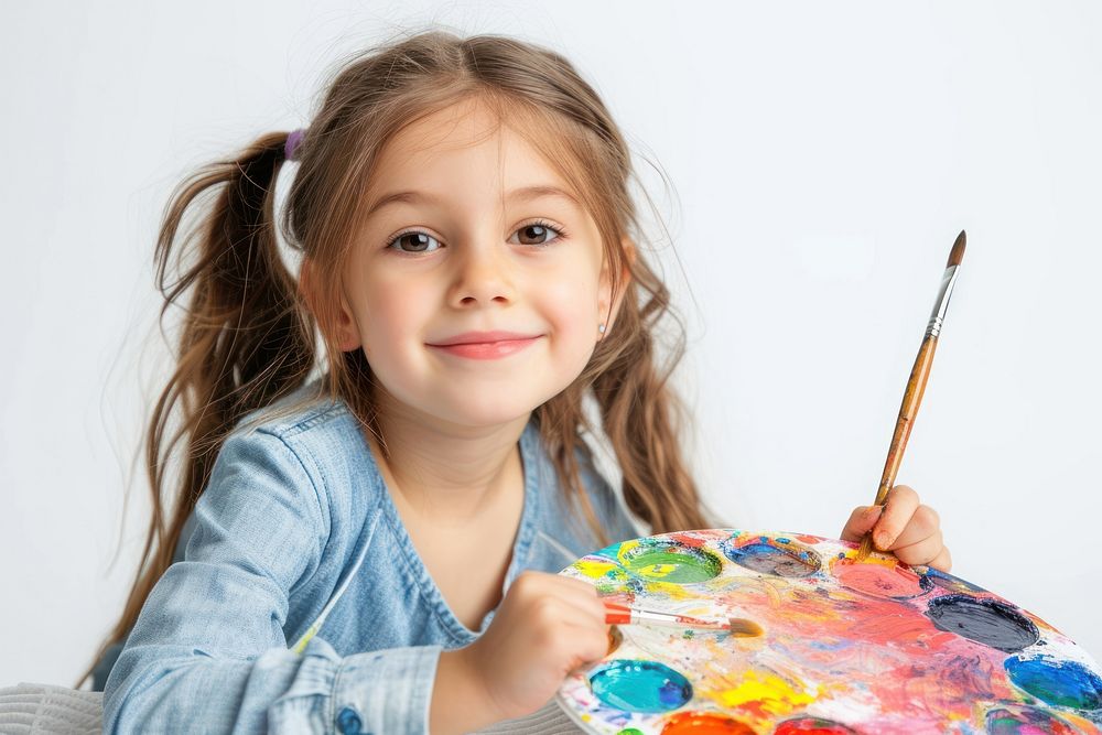 Little girl with a paint palette brush child white background.