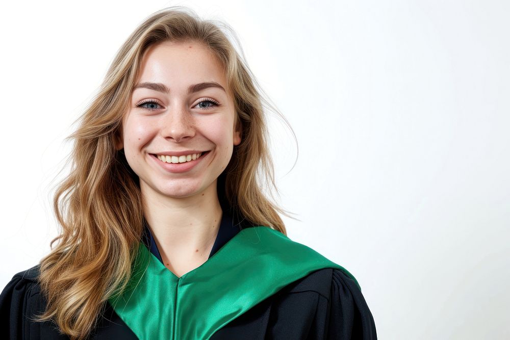 Happy british woman portrait university graduation.