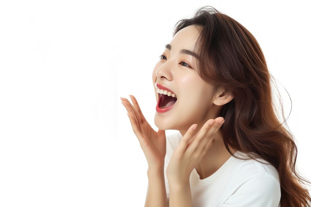 Happy korean woman shouting laughing portrait.