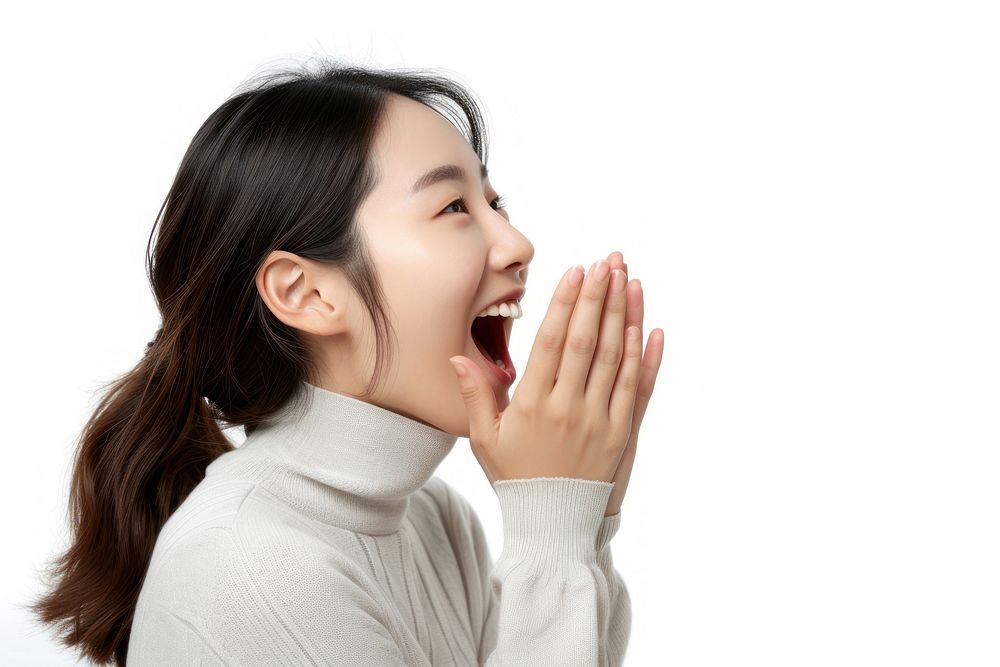 Happy korean woman shouting portrait adult.