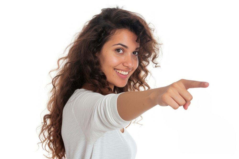 Latin woman pointing portrait finger.