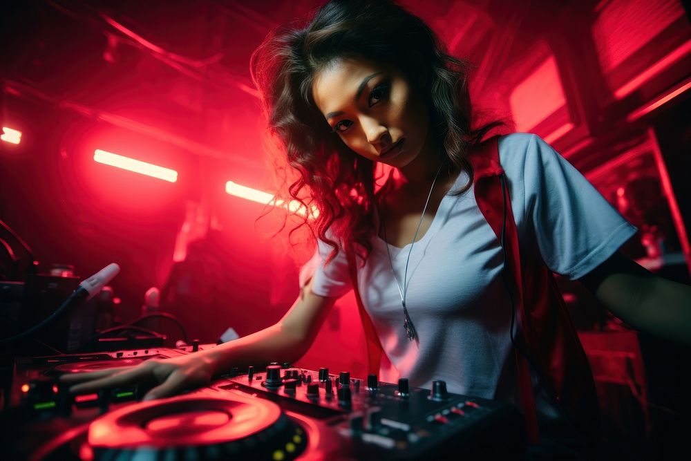 Asian woman DJ turntable nightclub adult.