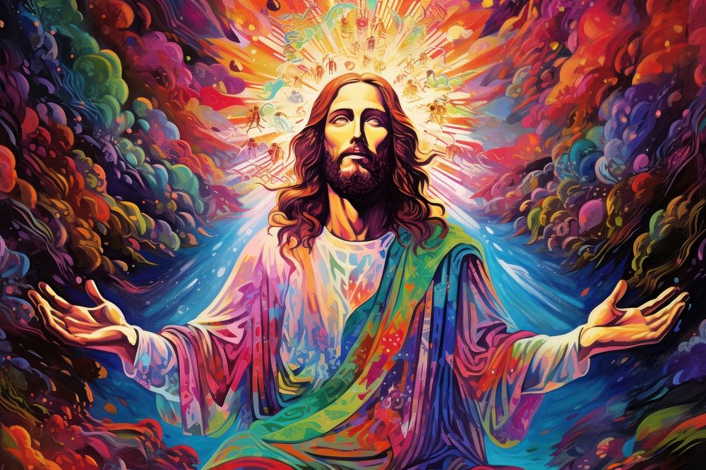 Jesus christ painting art psychedelic art.