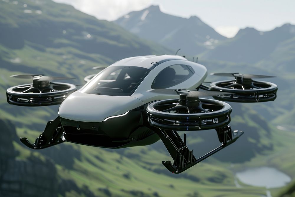 Flying car helicopter aircraft outdoors.
