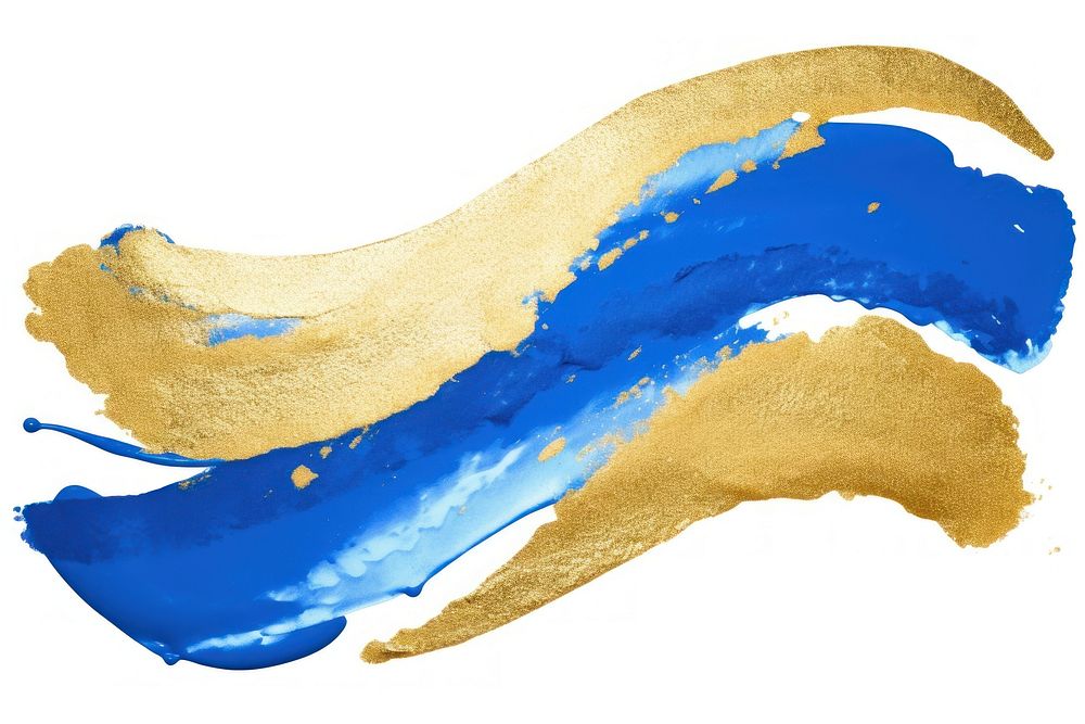Gold abstract brush stroke painting blue white background.