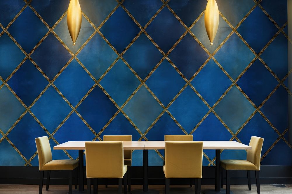 Blue and gold wallpaper architecture restaurant furniture.