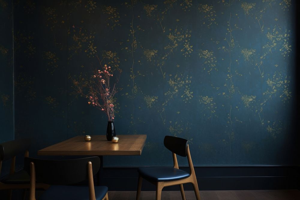 Blue and gold wallpaper architecture restaurant furniture.