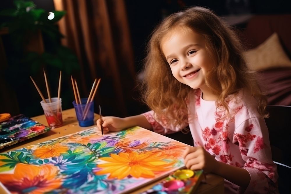 Children draw with parents paint creativity portrait photography.