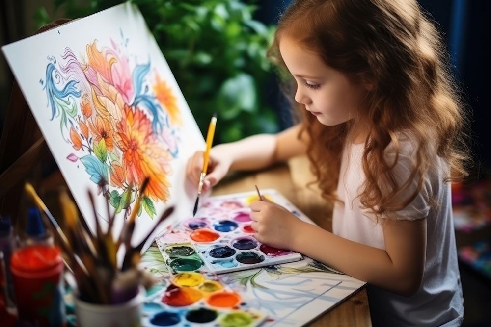 Children draw with parents paint creativity concentration paintbrush.