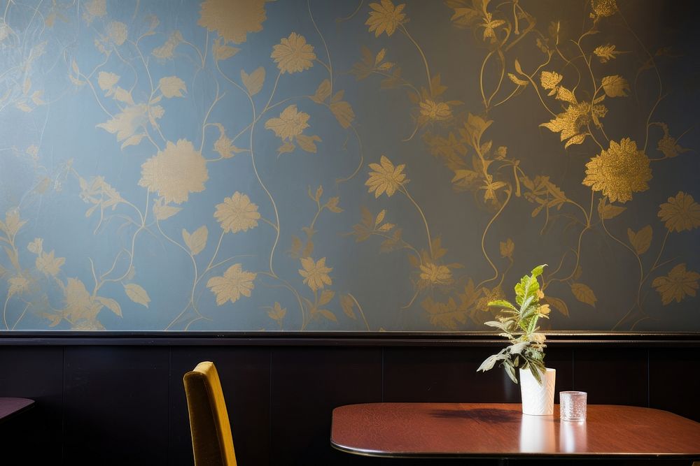 Colorful and gold wallpaper architecture restaurant furniture.