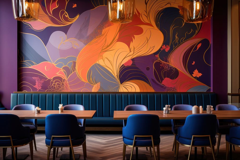 Colorful and gold wallpaper restaurant architecture furniture.