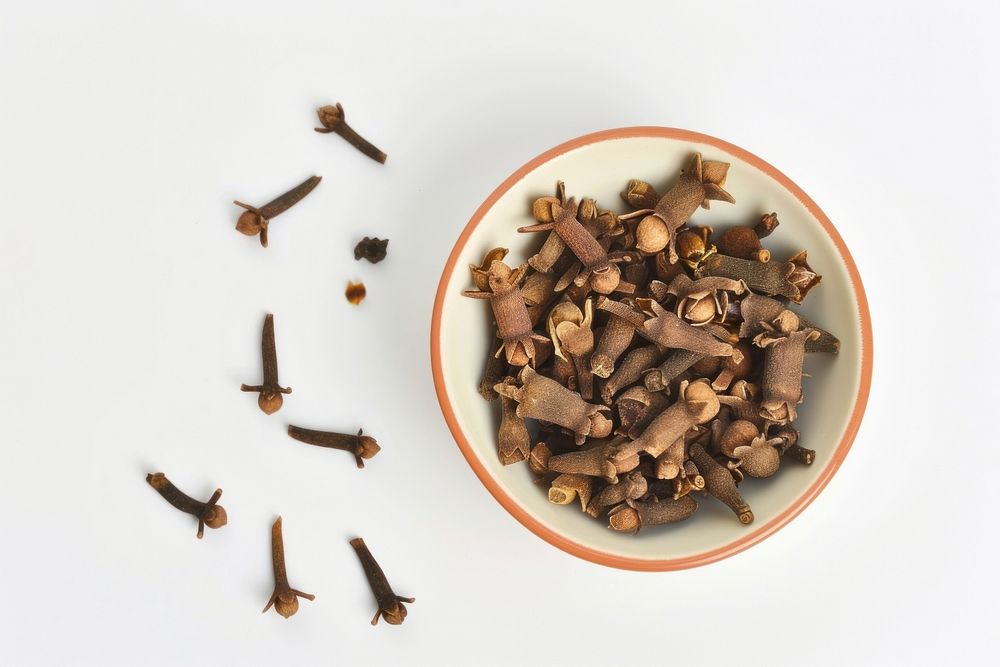 Cloves in bowl spice food white background.