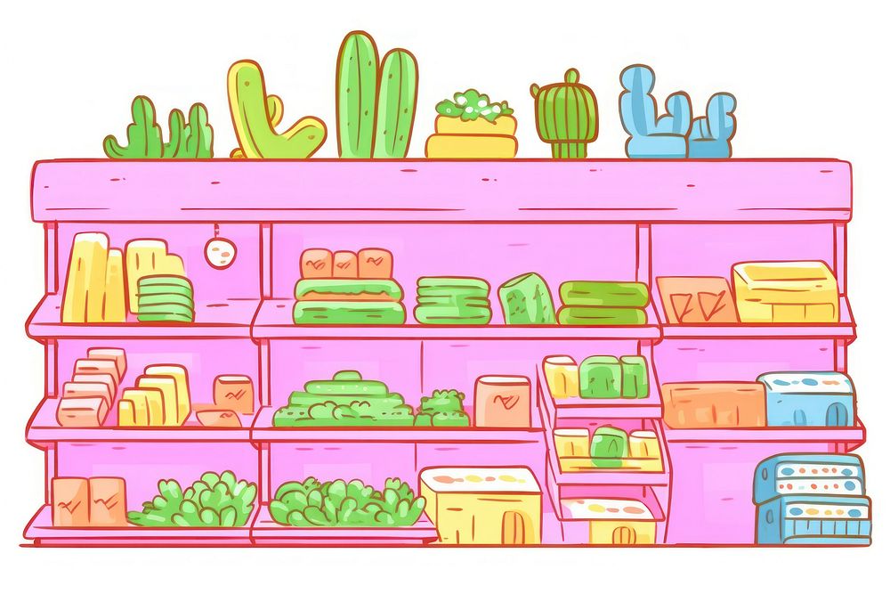 Doodle illustration supermarket cartoon shelf food.