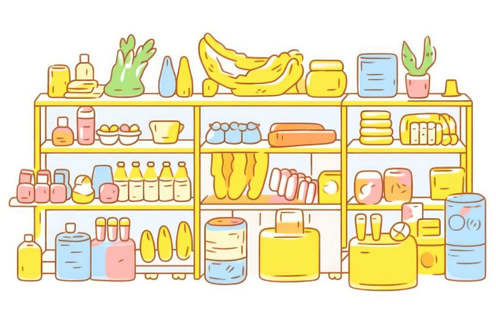 Doodle illustration supermarket cartoon banana shelf.
