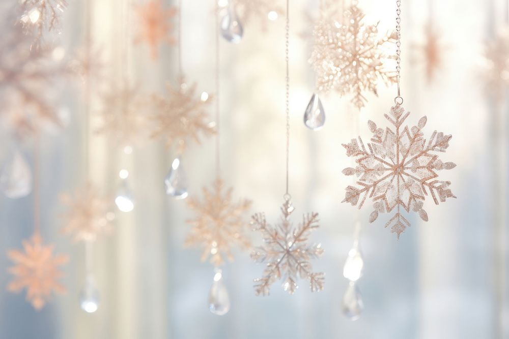 Elegant snowflakes suspended from a luminous bright light white background backgrounds illuminated transparent.