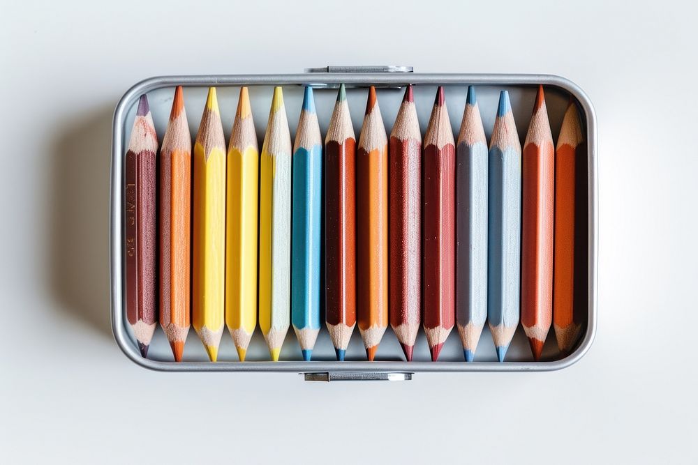 A pencil box white background arrangement variation.