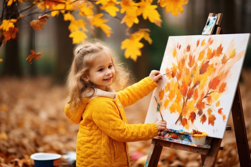 Painting on autumn yellow leaves child art creativity.